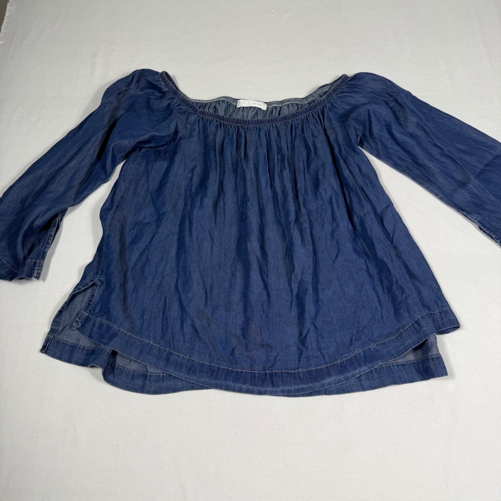 GLAM Off Shoulder Blouse XS Blue Tencel Denim Chambray High Low Split Cuff Top